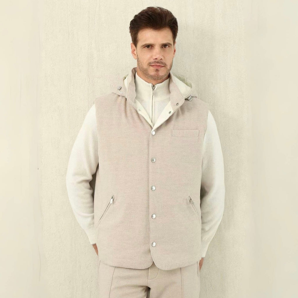 Brunello Cucinelli Men's Spring/Autumn Detachable Hooded Solid Color Single-Breasted Bonded Wool Flannel Down Vest Ngvp #2293
