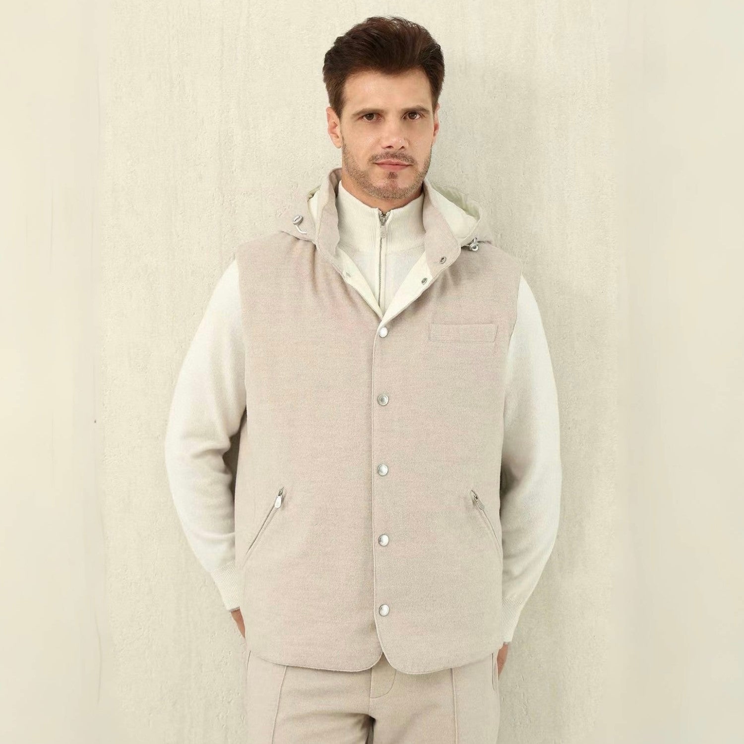 Brunello Cucinelli Men's Spring/Autumn Detachable Hooded Solid Color Single-Breasted Bonded Wool Flannel Down Vest Ngvp #2293