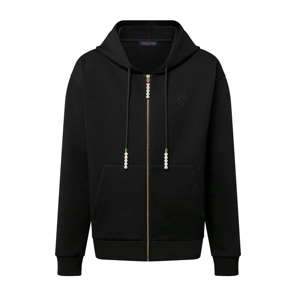 Louis Vuitton Men's Spring and Fall Pearl Pendant Black Embroidery Knit Zipper Hooded Jacket #98798