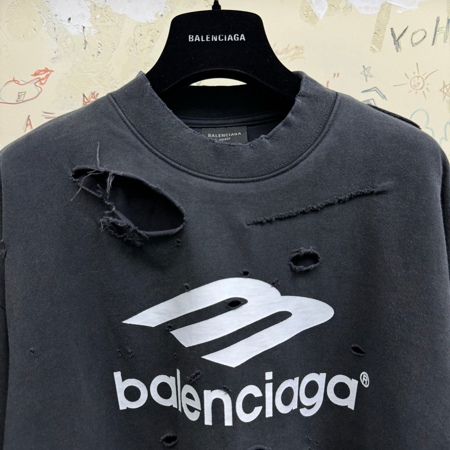 Balenciaga Men's Spring Summer 3B Sport Icon Black and Washed Black Destroyed Vintage Plain Knit Medium Fit Layered T-Shirt #75966