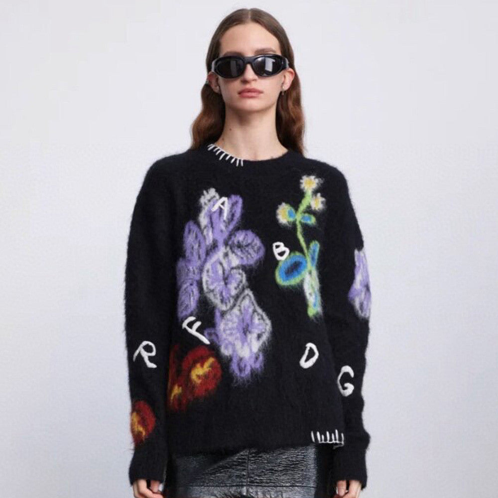 Fabrique Men's Women's Autumn And Winter Floral Letter Jacquard Crew Neck Pullover Loose Mohair Wool Knit Sweater Ngvp #7481