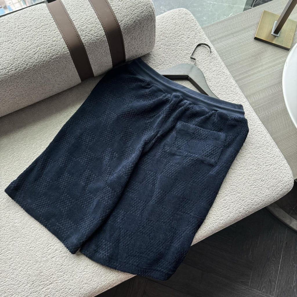Louis Vuitton Men's Summer Solid Color Checkered Print Cotton Terry Cloth Drawstring Shorts #77876