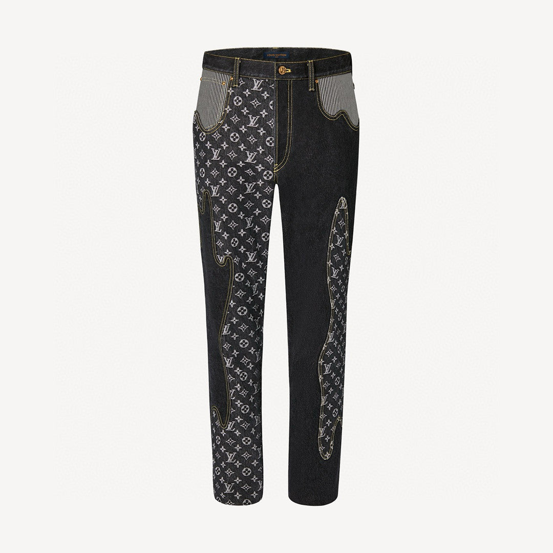 Louis Vuitton X 2 Collaboration Men's Spring And Summer Structural Splicing Monogram Flower Denim Pants Fashionable Casual Wide Leg Pants #71849