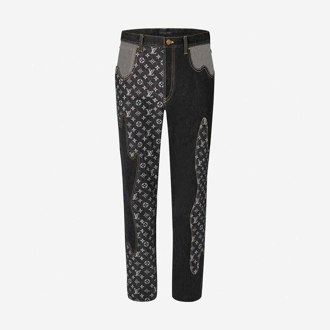 Louis Vuitton X 2 Collaboration Men's Spring And Summer Structural Splicing Monogram Flower Denim Pants Fashionable Casual Wide Leg Pants #71849