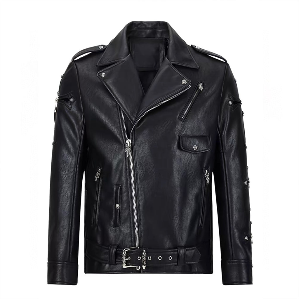 Chrome Hearts Men's Spring And Autumn Black Lapel Zipper Long Sleeve Fitted Cross Leather Coat Jacket #98699