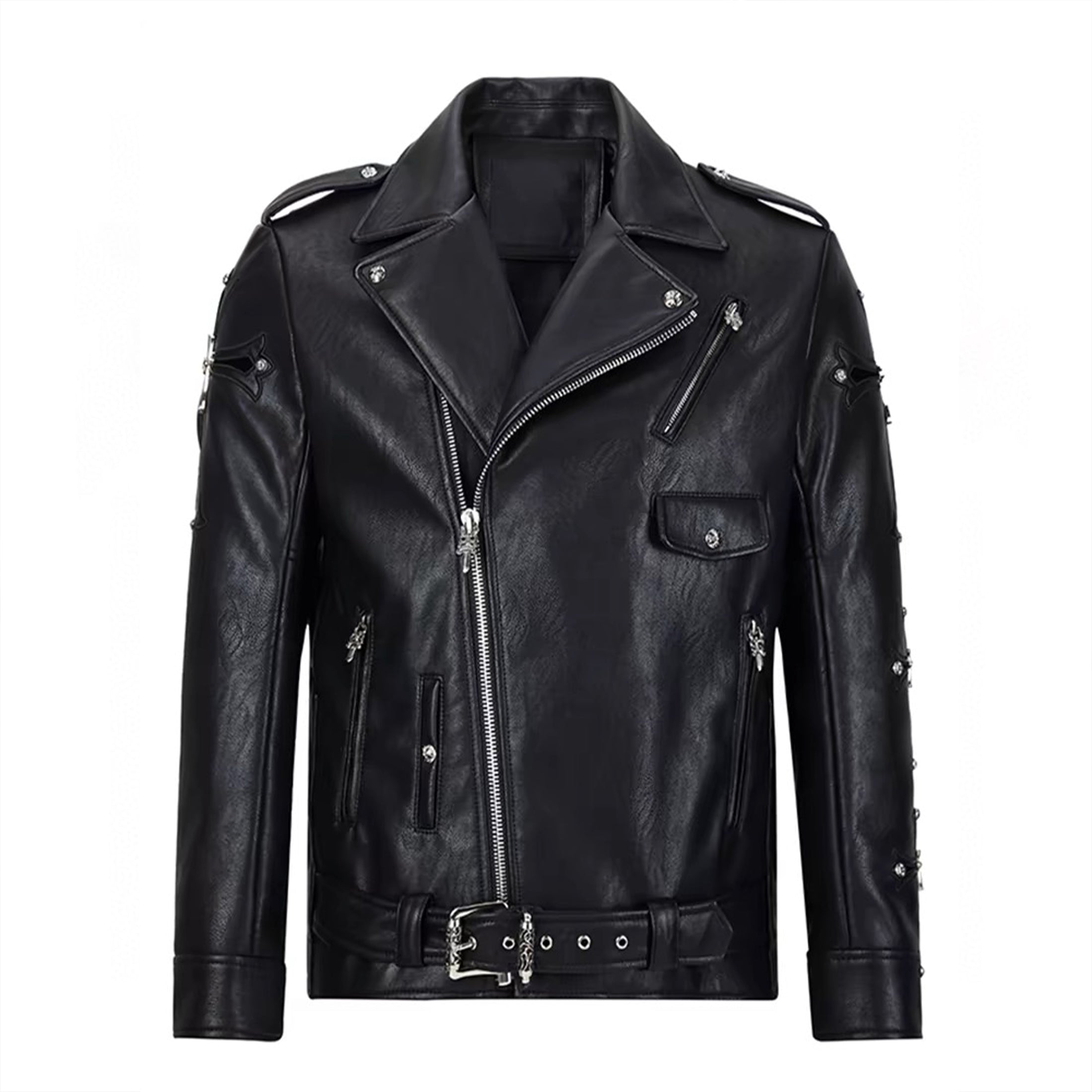 Chrome Hearts Men's Spring And Autumn Black Lapel Zipper Long Sleeve Fitted Cross Leather Coat Jacket #98699