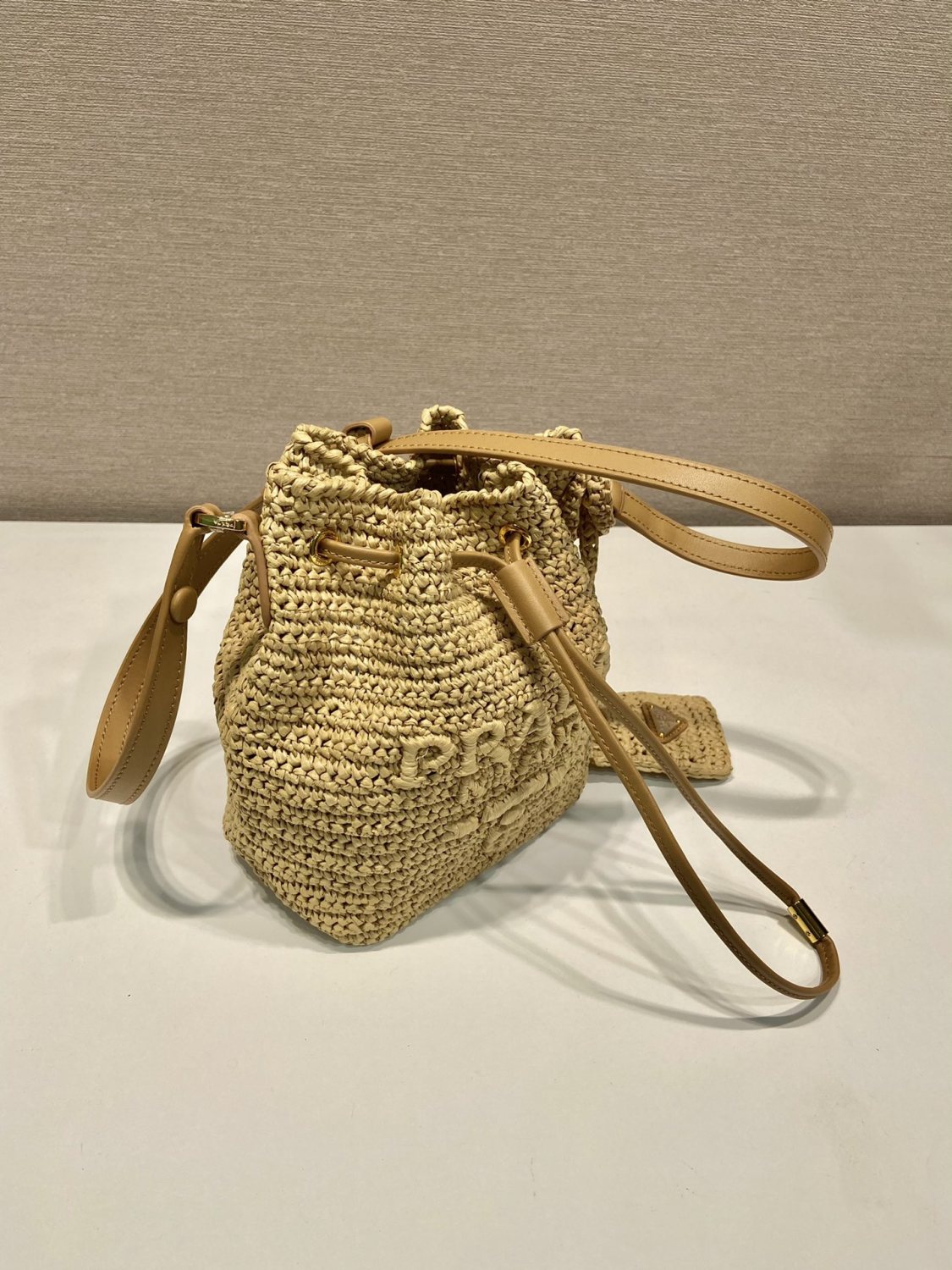 Prada Women's Logo Embroidered Adjustable Detachable Shoulder Strap Lafite Grass Patchwork Leather Bucket Bag Mini Handheld One Shoulder Crossbody Bag  Bags #196301