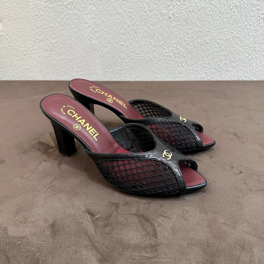 Chanel Mules Mixed Fibers Cotton Lambskin Black #382385