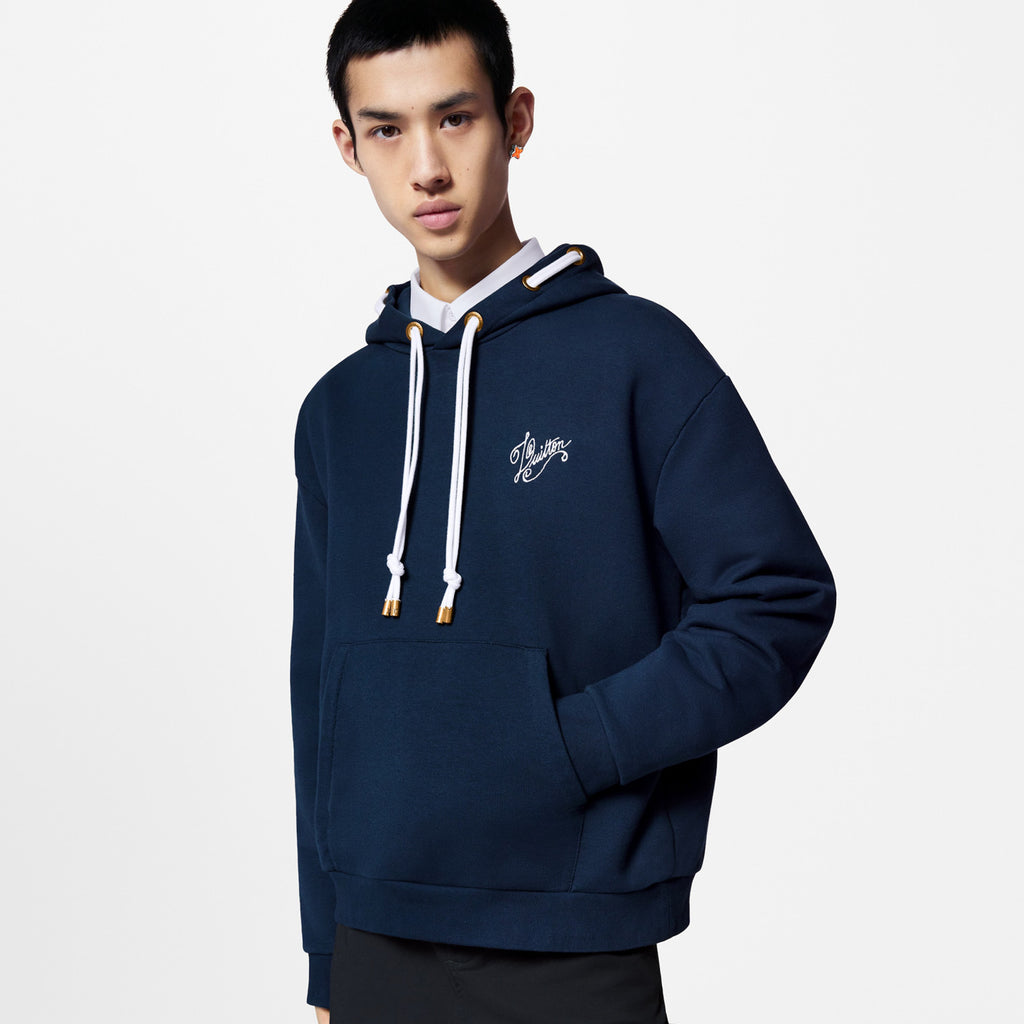 Louis Vuitton Men's Blue Rope Knot Embroidered Logo Pattern Casual Drawstring Hooded Sweatshirt #99717