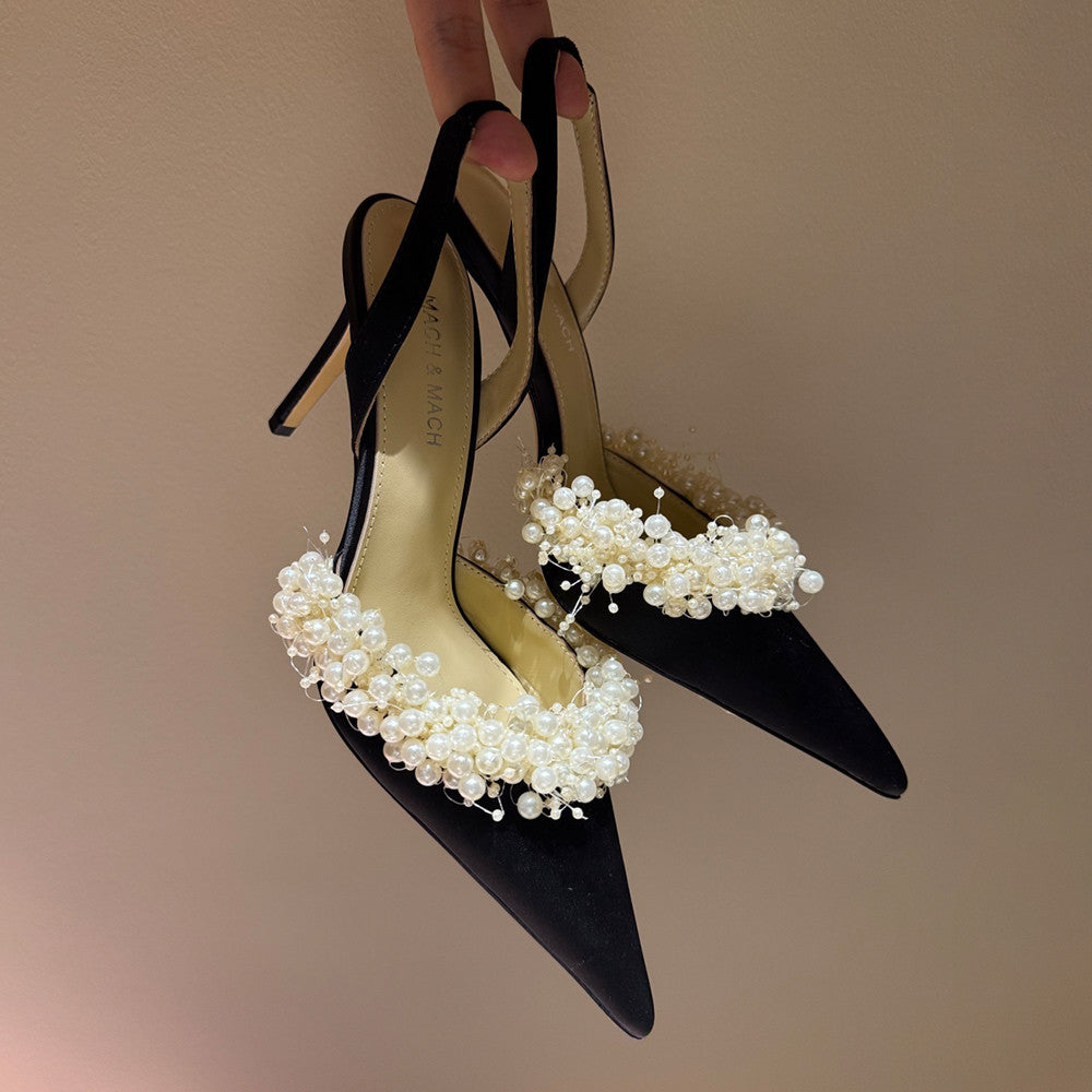 Mach & Mach Women's Spring. Summer And Autumn Pointed Toe Pearl Decorated Satin Solid Color High Heels Fine Heeled 8.5cm Casual Sandals Shoes Ngvp #1532