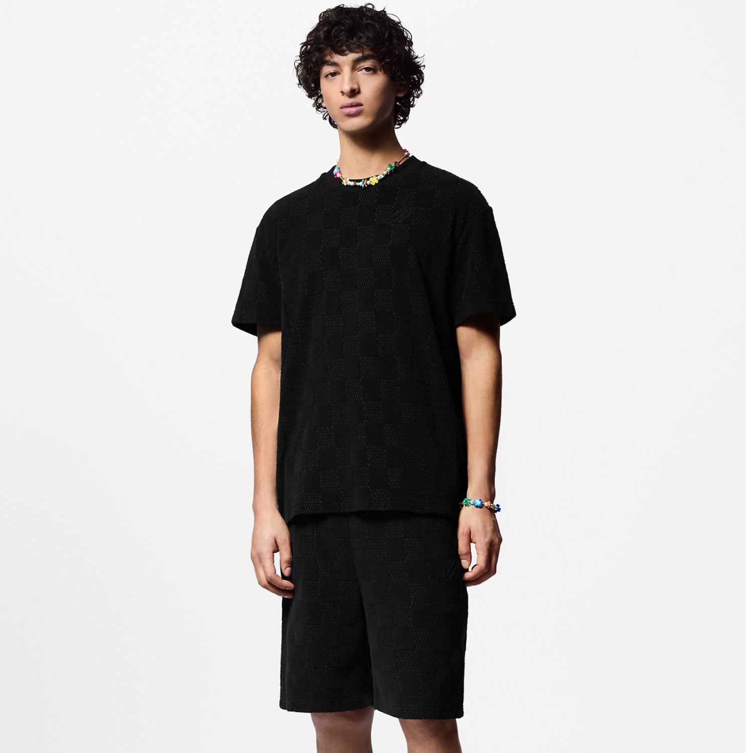Louis Vuitton Men's Summer Black Embroidered Logo Printed Cotton Short Sleeve T-Shirt Casual Shorts Set Suit #73129