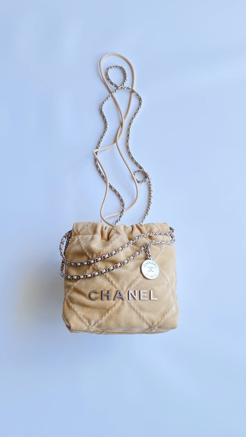 Chanel Suede Rivet Style 22 Bag Mini Antique Silver Buckle Italian Bonaudo Suede Calfskin Apricot Silver Buckle Women's Luxury Chain-strap Tote Bag Bags #81448