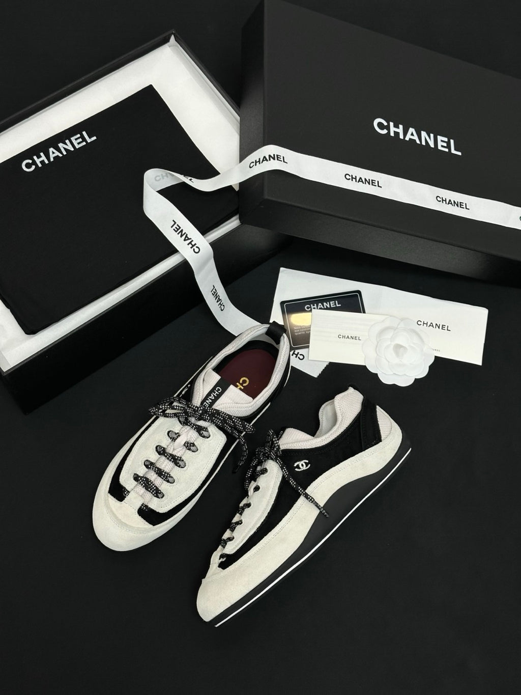 CHANEL Sneakers Velvet Calfskin Mixed Fibers Black White #386496
