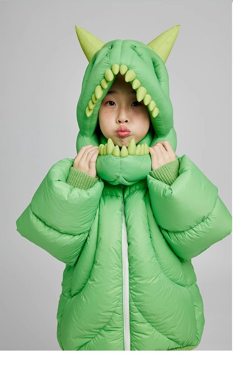 Kid's Autumn And Winter Solid Color Three-Dimensional Cutting Dinosaur Cap Hooded Loose Long-Sleeved Puffer Down Jacket #31323
