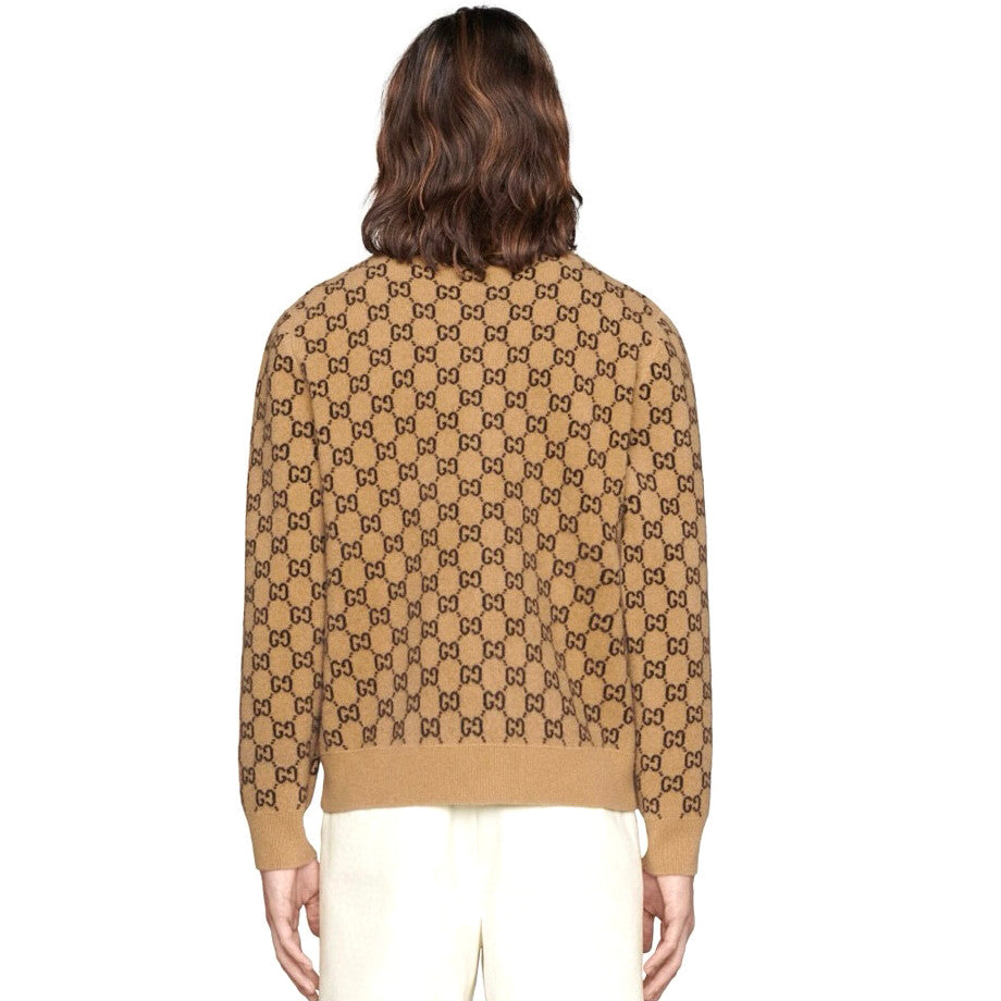 Gucci Men's Spring And Fall Khaki Monogrammed Single Breasted Wool Knit Long Sleeved Cardigan Jacket #73726