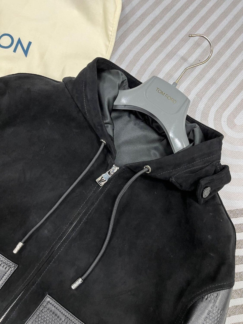 Louis Vuitton Men's Fall And Winter Black Suede Patchwork Hooded Drawstring Zipper Long Sleeve Jacket #73342