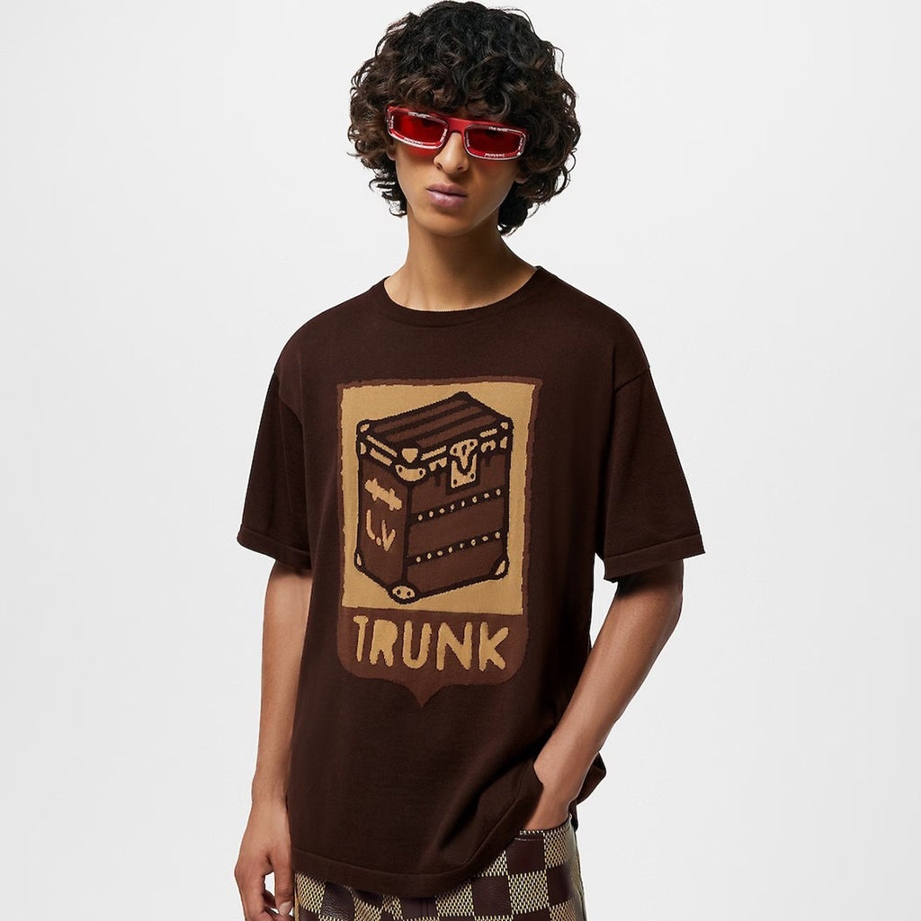 Louis Vuitton Men's Summer Brown Casual Short Sleeve Cotton Loose Intarsia Crewneck T-shirt #98224