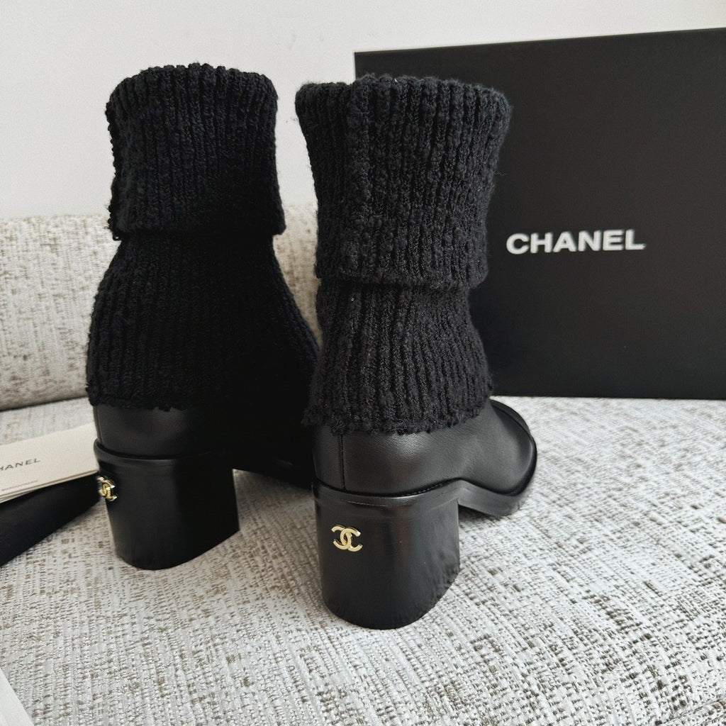 Chanel Women's Fall/winter Fashion Casual Round Toe Slip On Leather Cashmere Loop Cuff Mid Calf Boots Shoes #78536