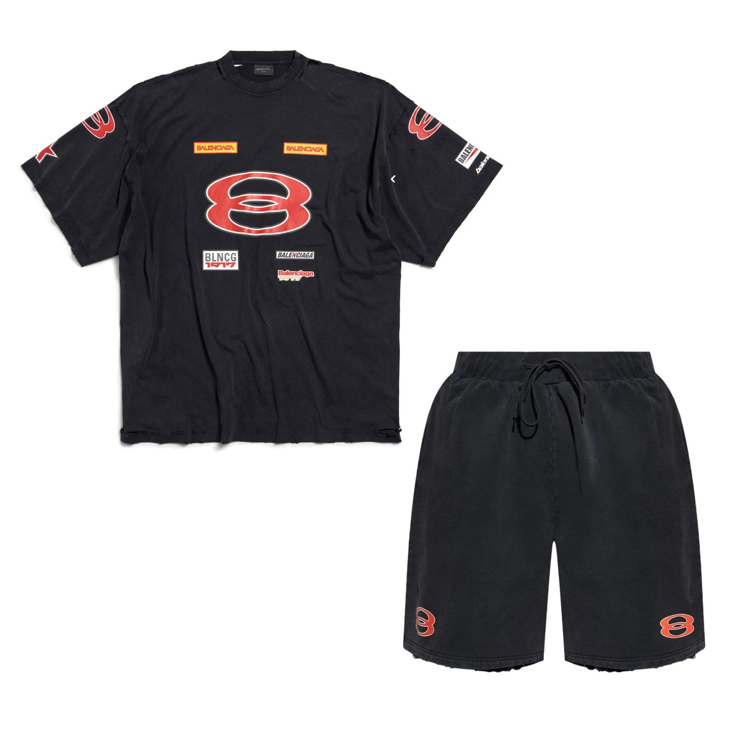 Balenciaga Men's Summer Sponsor Logos Faded Washed Black Silhouette T-shirt Straight Drawstring Casual Shorts Suit Set #81248