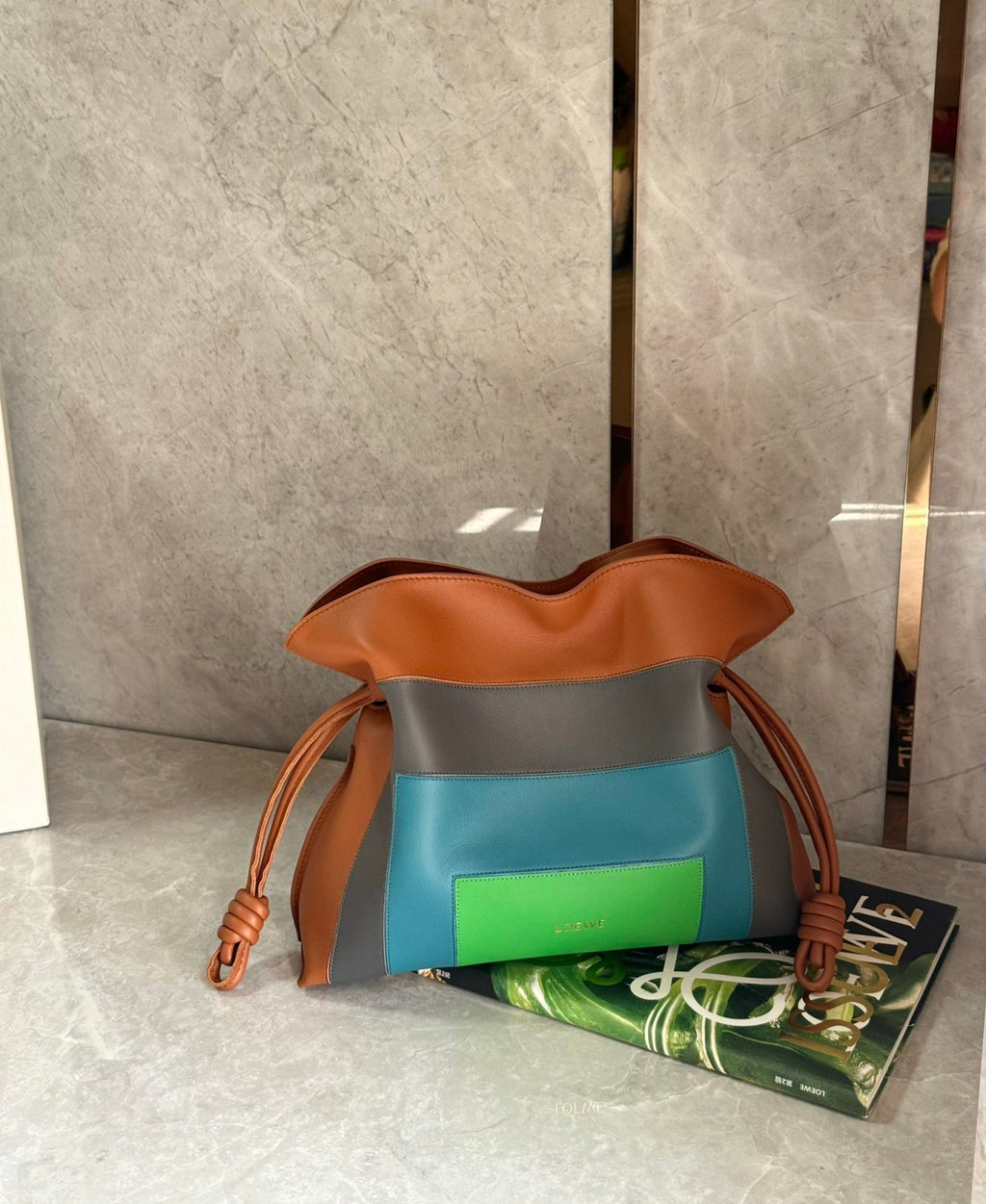 LOEWE Flamenco x Albers  Medium Nappa Leather Flamenco Clutch Caramel Bright Green Logo Classic Cowhide Colorblocked Clutch Bag #332361