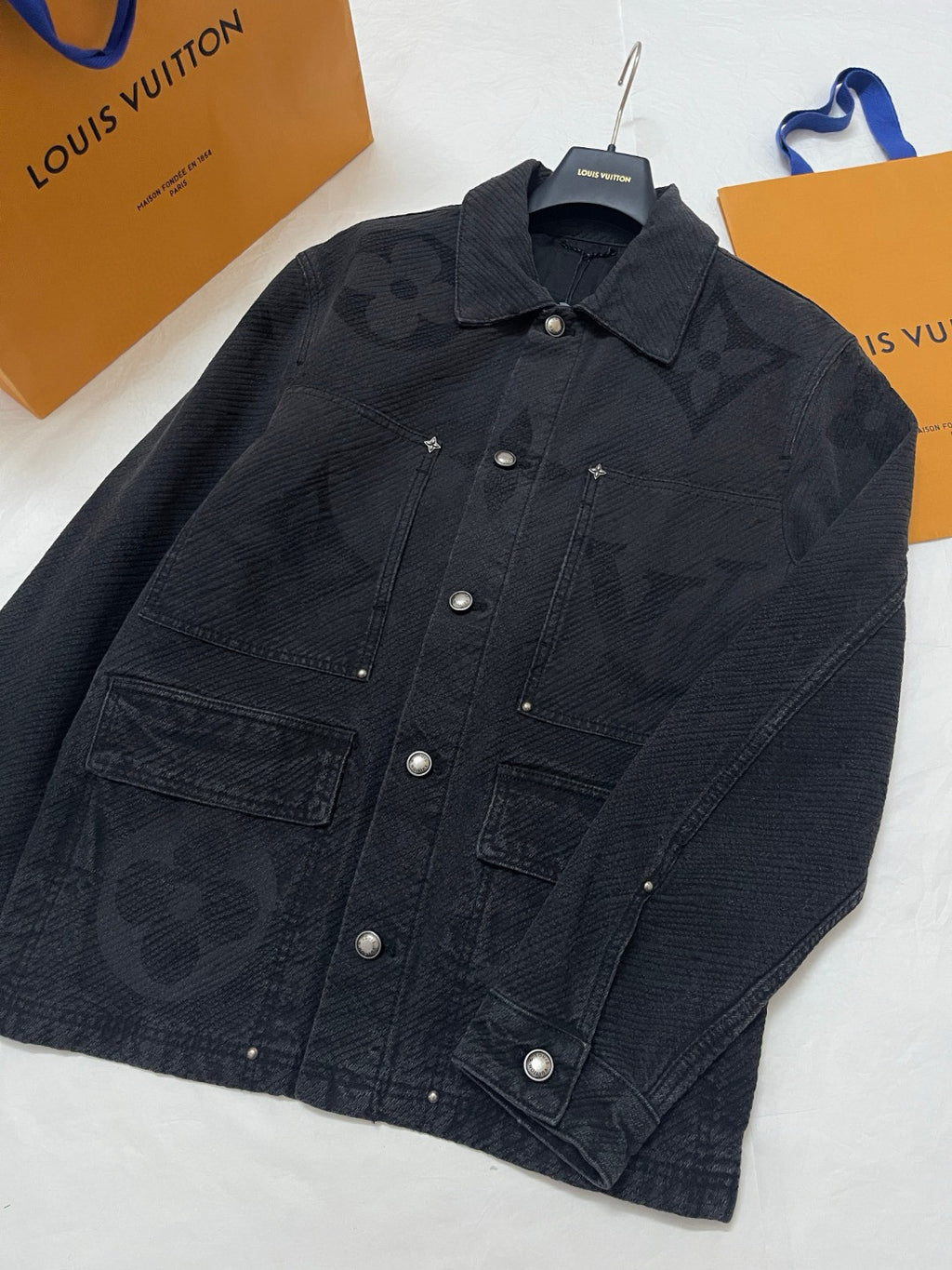 Louis Vuitton Men's Spring And Fall Black Logo Jacquard Single Breasted Long Sleeved Denim Jacket Jeans Pants Suit Set #75747