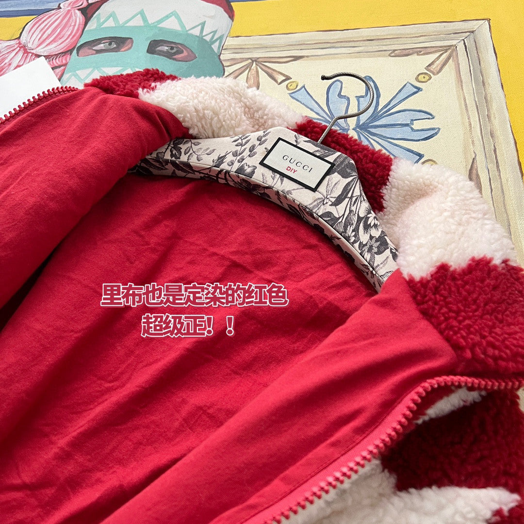 Louis Vuitton Men's Winter Red and White Plaid Lamb's Wool Zipper Jacket #96984