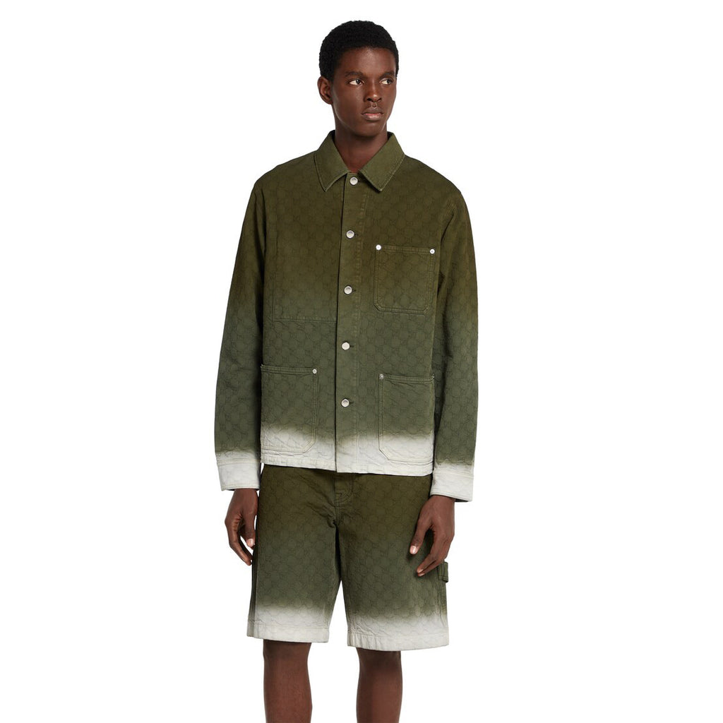 Gucci Men's Summer Fashion Casual Collared Single-Button Long Sleeve Shirt with Double G Jacquard Pattern. Paired with Casual Single Button Shorts Suit Set #78678