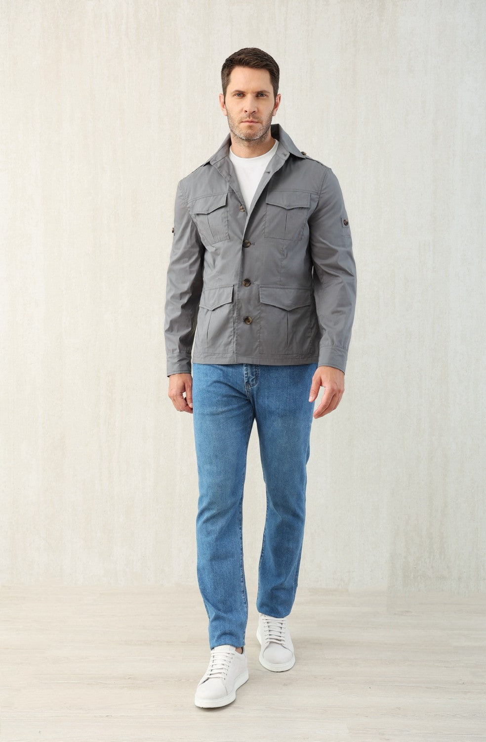 Brunello Cucinelli Men's Spring & Fall Lightweight Water-Resistant Techno Cotton Unlined Safari Jacket Solid Color Lapel Single Breasted Shirt Style Jacket Ngvp #1946