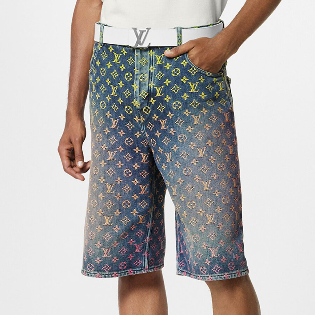 Louis Vuitton Rainbow Monogram Embroidered Short Sleeve Denim Shirt Straight Shorts Fashion Casual Suit Set #71411