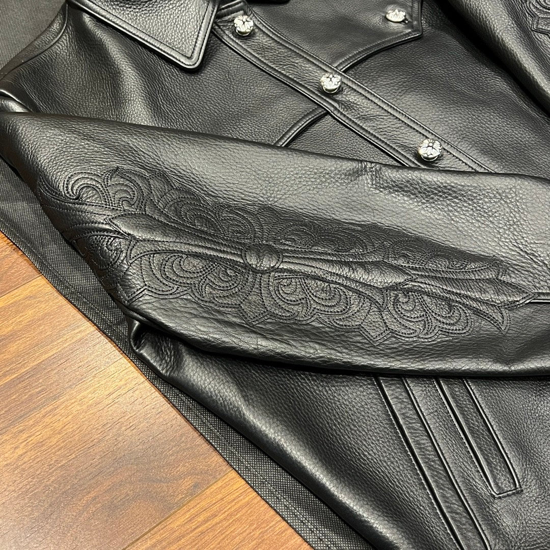 Chrome Hearts Men's Autumn and Winter Solid Color Cow Leather Single Breasted Long Sleeve Jacket #73972