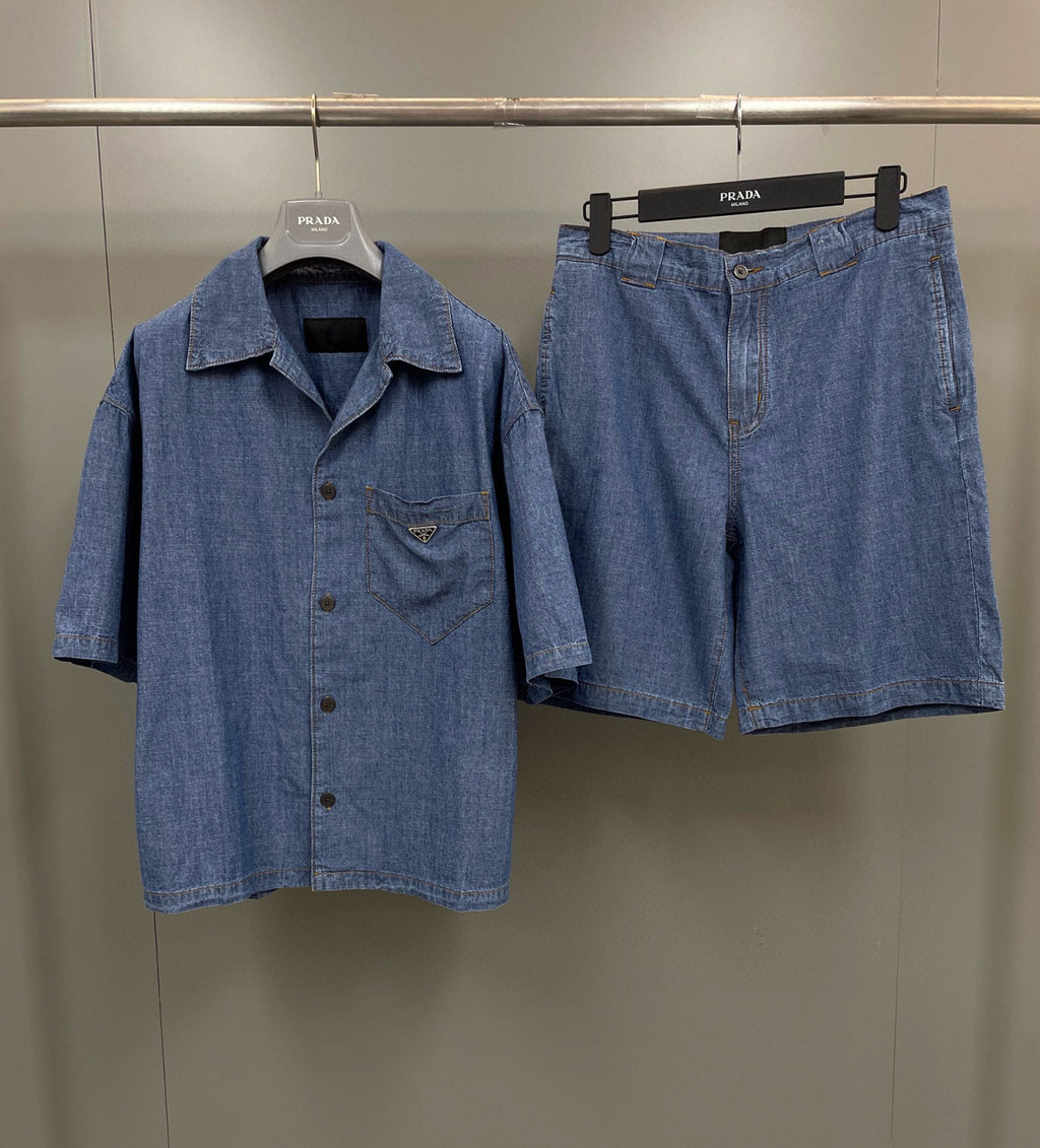 Prada Men's Summer Blue Lapel Single Breasted Short Sleeve Denim Shirt Jacket Shorts Set Suit #98554
