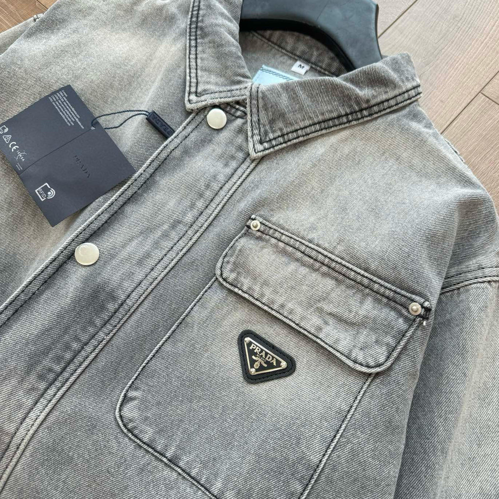 Prada Men's Spring/Autumn Solid Color Triangle Logo Single-Breasted Casual Denim Jacket #77989