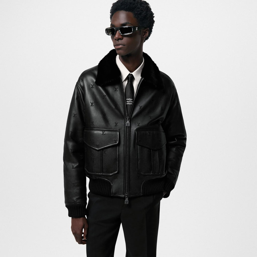 Louis Vuitton Men's Fall/winter Pilot Drawstring Jacket Solid Color Logo Jacquard Hair Collar Colorblocking Leather Jacket #71553