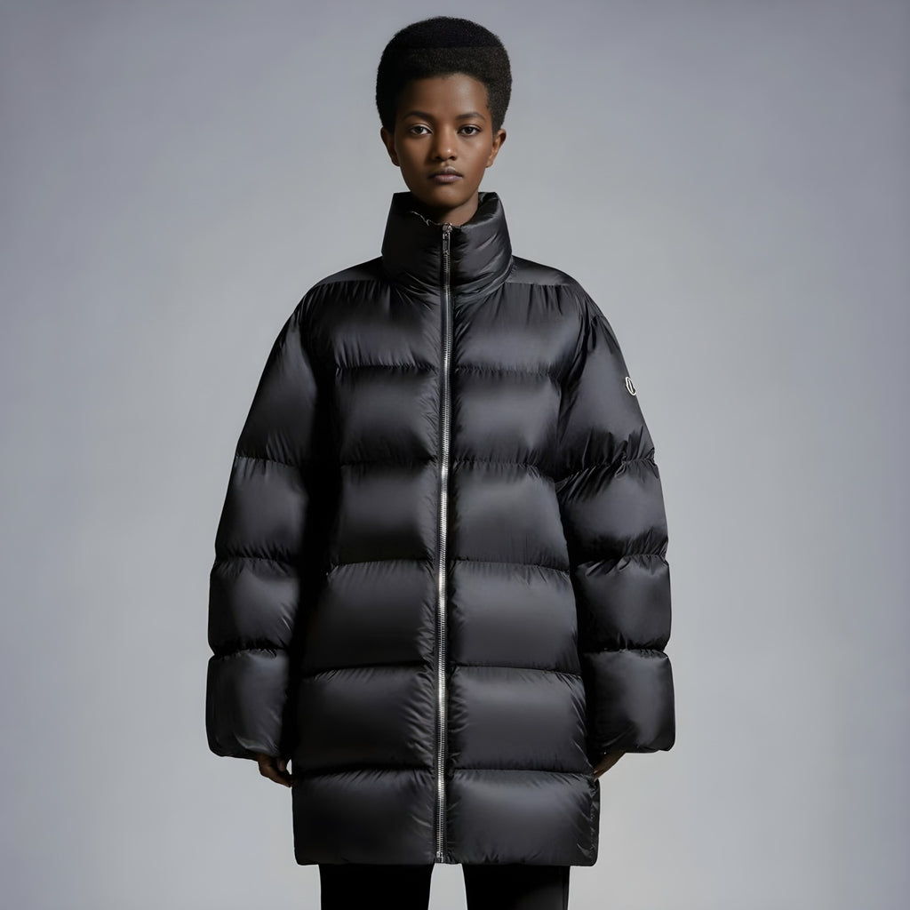 Moncler x Rick Owens Men's And Women's Winter Black Glossy Zipper Long Sleeve Puffer Down Jacket #73786