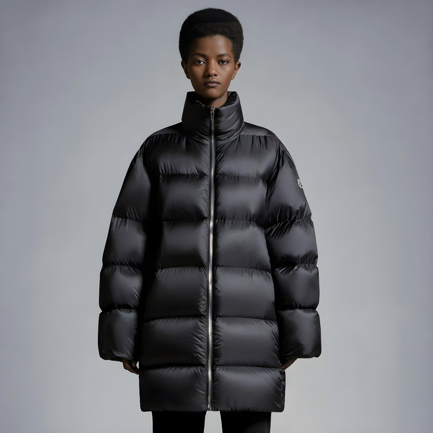 Moncler x Rick Owens Men's And Women's Winter Black Glossy Zipper Long Sleeve Puffer Down Jacket #73786