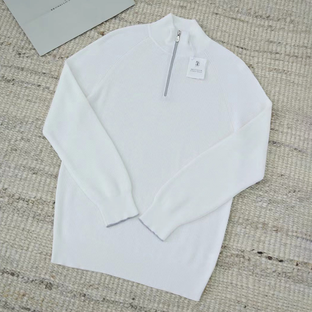 Brunello Cucinelli Men's British-Style Ribbed Cotton Knit Sweater Spring/Fall/Winter Half-Zip High-Neck Solid-Color Long-Sleeve Sweater Ngvp #2525