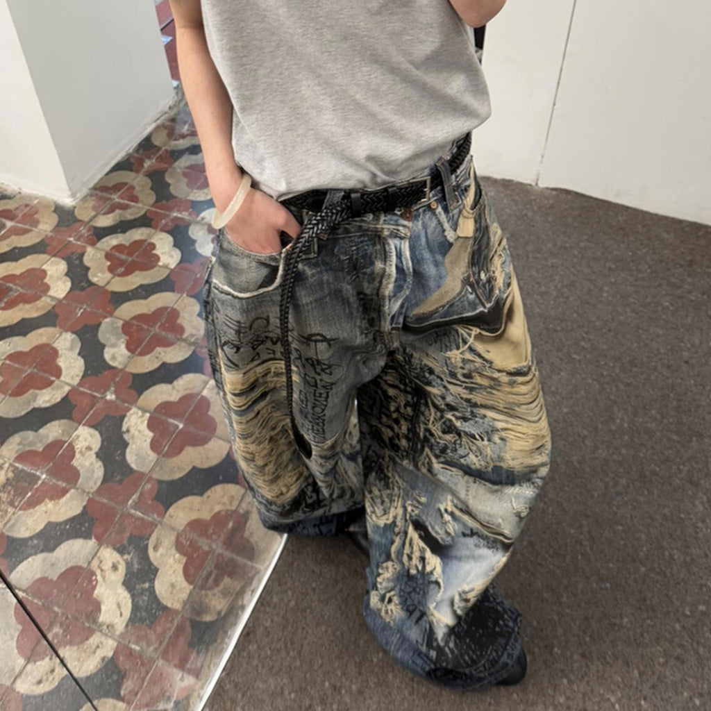 Acne Studios Men's Spring And Summer Ripped Graffiti Mise-en-scène Effect Print Denim Pants Super Loose Fit Jeans Fashion High Street Casual Blue Straight Trousers Ngvp #1186
