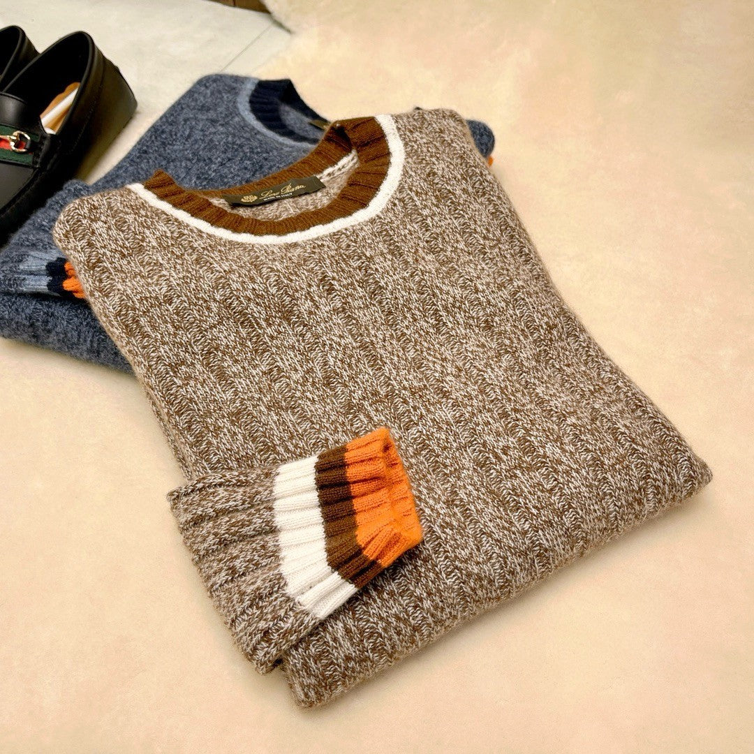 Loro Piana Men's Spring & Autumn Fashion Stripe Color Blocking Long Sleeve Knit Sweater Fit Cashmere Crew Neck Sweater Ngvp #9475