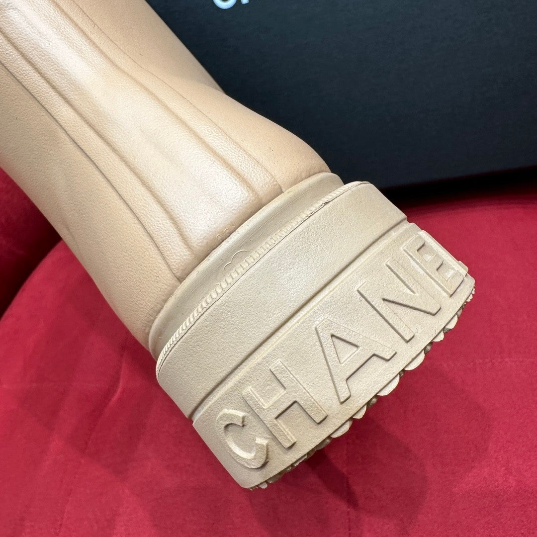 Chanel 25S Fashion Overalls Tall Boots Women's Beige Anti-Slip Rain Boots #332426