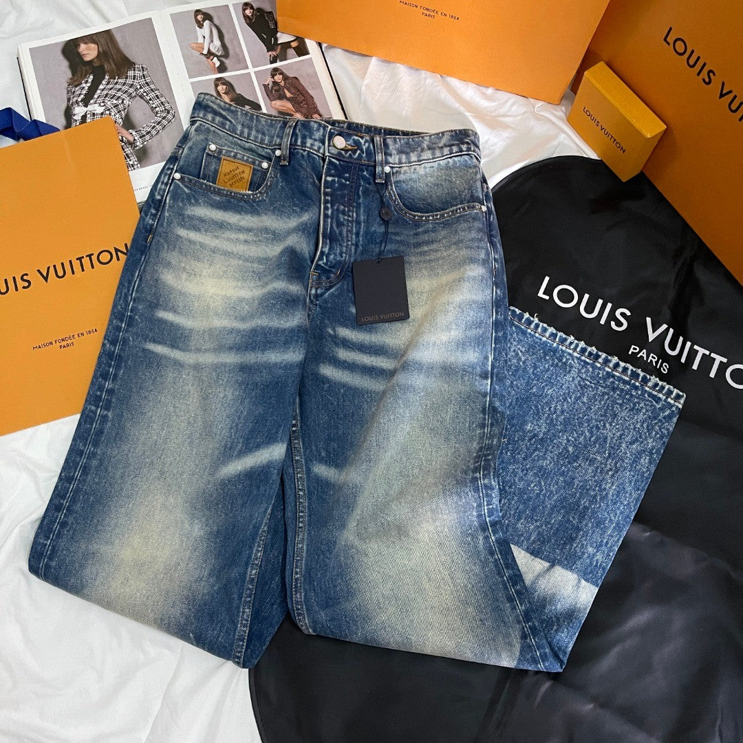 Louis Vuitton Men's Spring And Fall Blue Washed Bright Line Loose Long Jeans Pants #75247