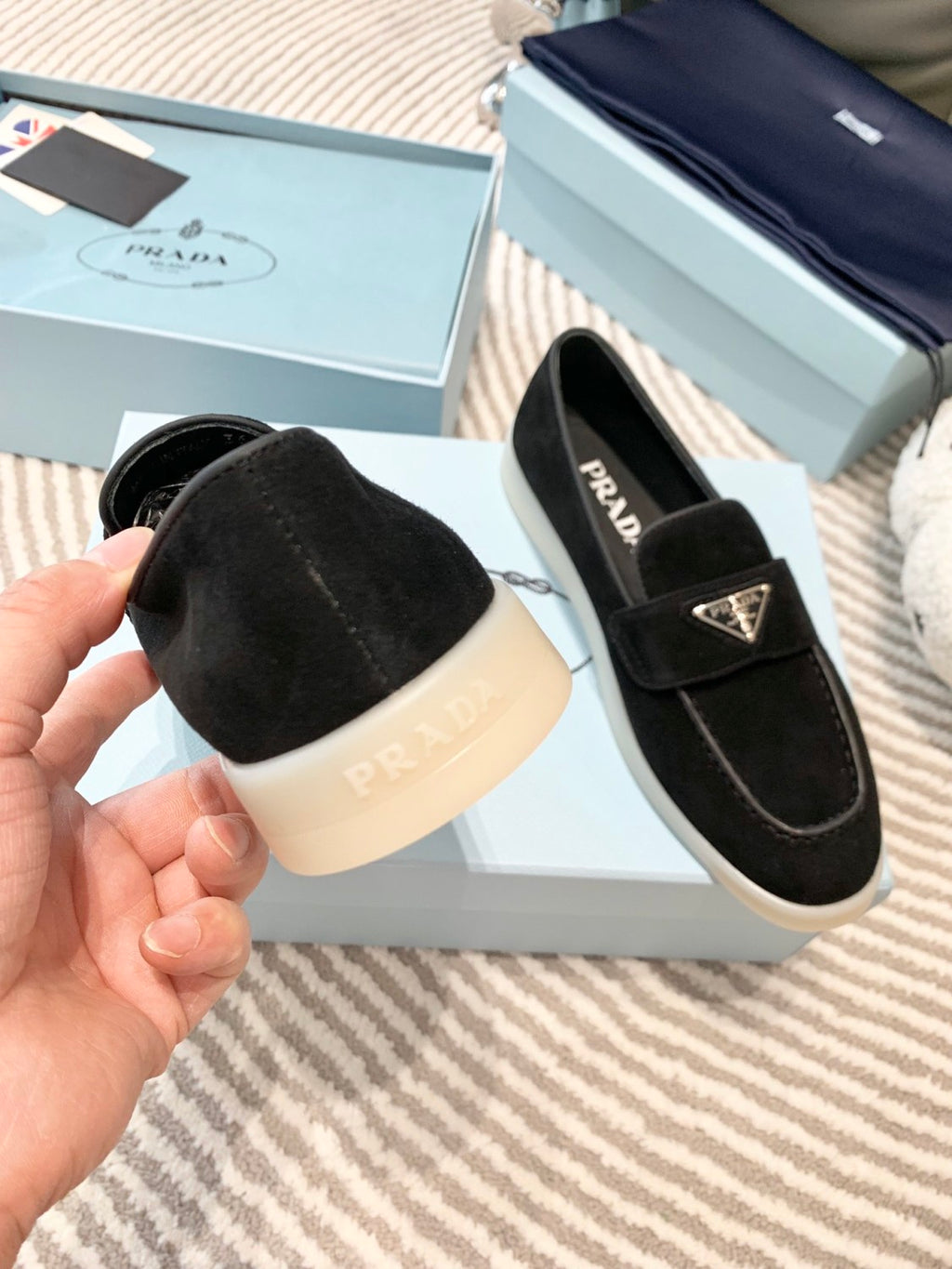 Prada Men's And Women's Spring/Summer Solid Color Fashionable Casual Round Toe Slip On Loafers In Cow Suede With Triangular Logo Shoes #78267