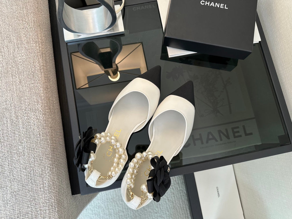 Chanel 25K Genuine Leather Pointed Toe Flat Shoes Pearl Chain Fashionable and Comfortable Color Block Women's Shoes #332404
