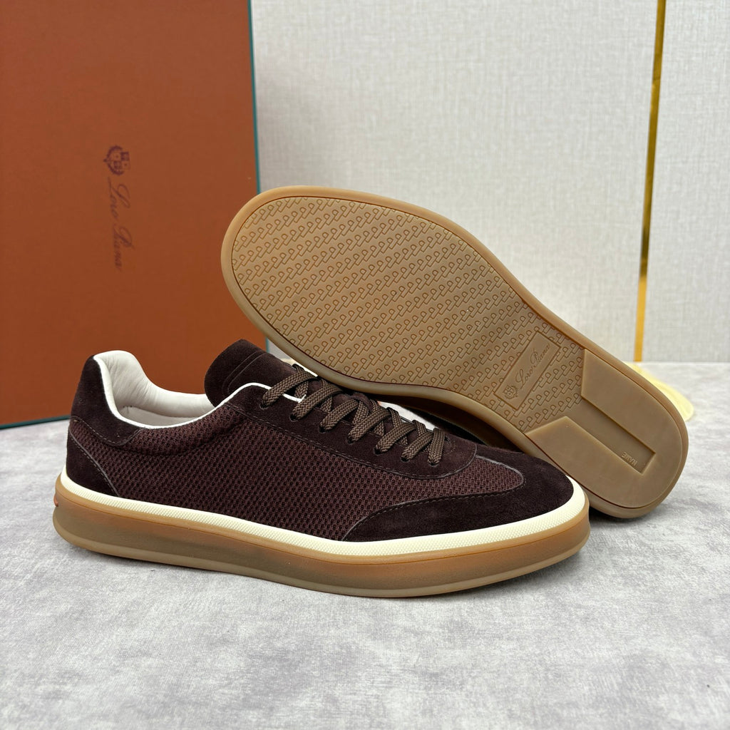 Loro Piana Men's Spring/Fall Fashion Casual Round Toe Lace Up Low Top Leather Patch Sneakers Breathable Mesh Patch Fabric Casual Shoes #79242
