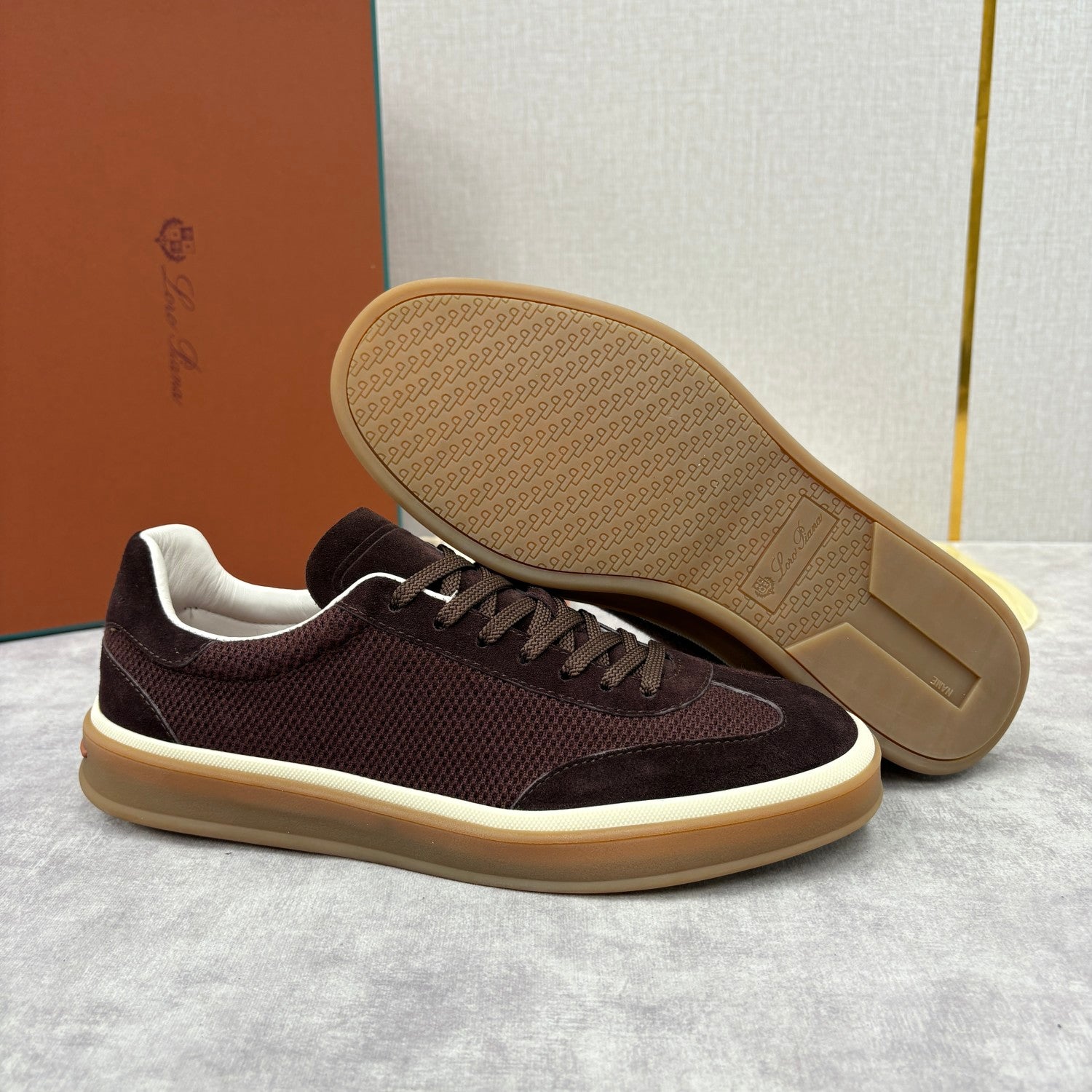 Loro Piana Men's Spring/Fall Fashion Casual Round Toe Lace Up Low Top Leather Patch Sneakers Breathable Mesh Patch Fabric Casual Shoes #79242