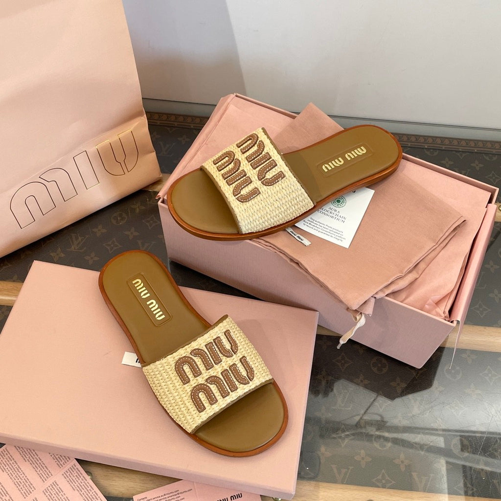 MiuMiu Women's Spring/Summer/Fall Logo Raffia Woven Leather Flat Sandals Casual Slippers Shoes #81553
