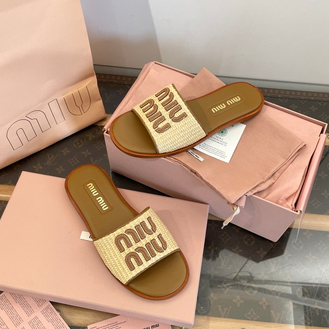 MiuMiu Women's Spring/Summer/Fall Logo Raffia Woven Leather Flat Sandals Casual Slippers Shoes #81553