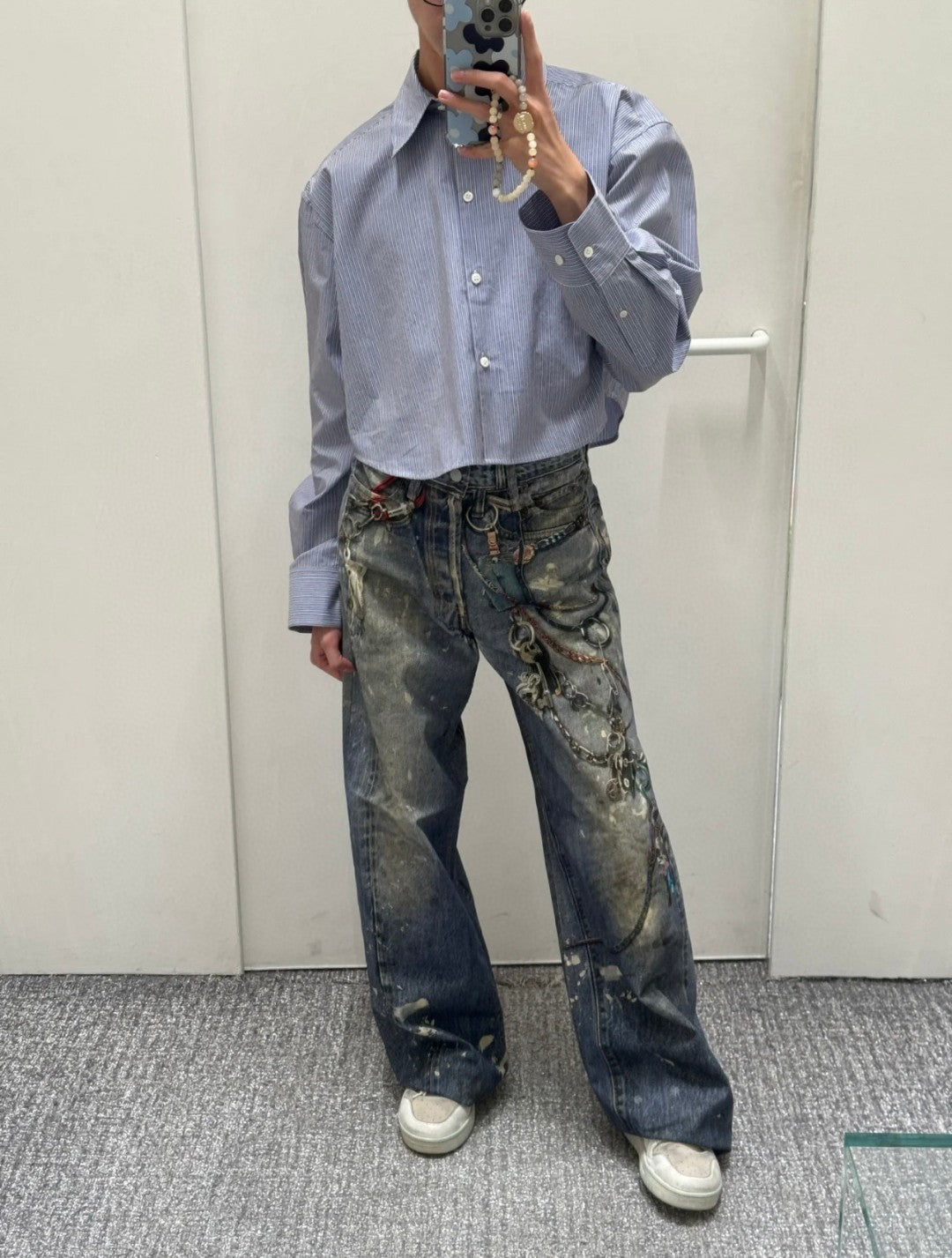 Acne Studios Men's And Women's 3DPrinted Pattern Loose Low Waisted Casual Wide Leg Solid Color Denim Pants Ngvp #8513