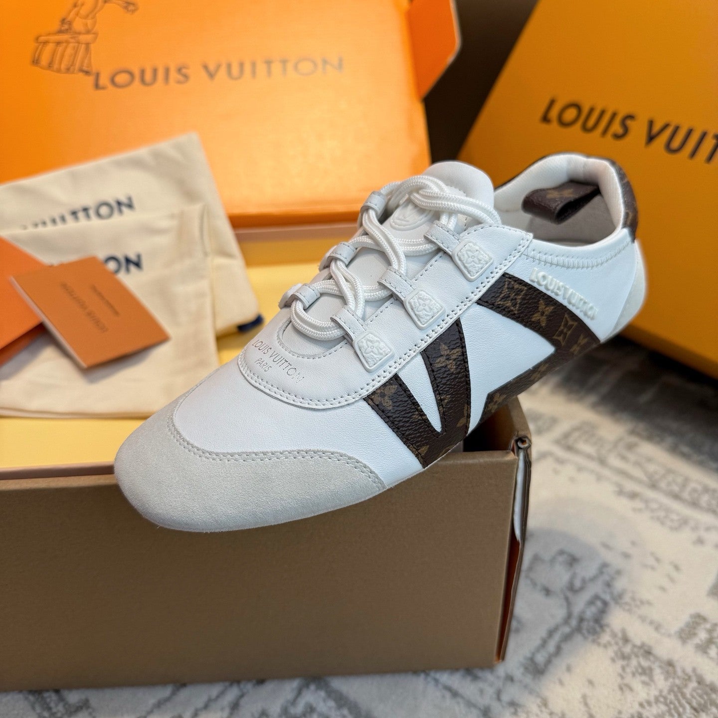Louis Vuitton SNEAKERINA Women's Four Seasons Colorblocking Round Toe Lace Up Sheepskin Low Top Ballet Derby Shoes #76939