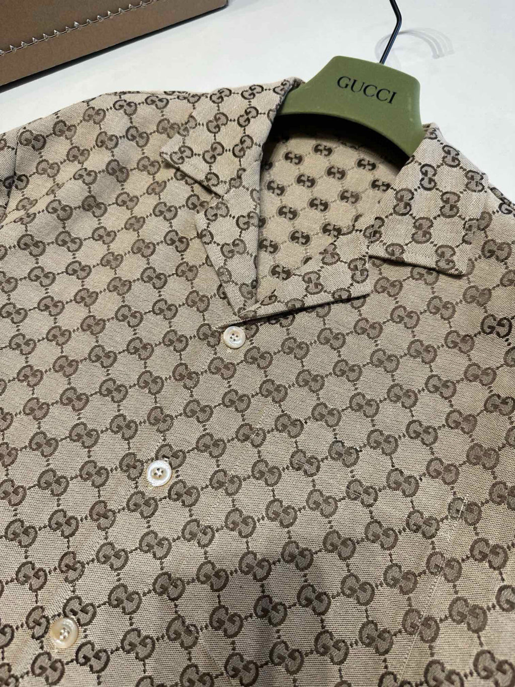 Gucci Men's Summer Brown Lapel Single Breasted Logo Printed Short Sleeve Shirt #98679