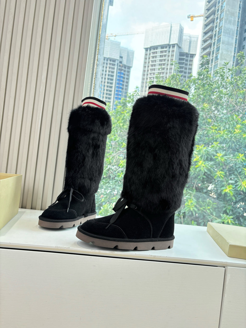 Brunello Cucinelli Women's Fall/Winter Suede Cowhide Rabbit Fur Round-Toe Zipper Lined Lamb Wool High-Top Boots Casual Solid-Color Snow Boots Shoes #81588